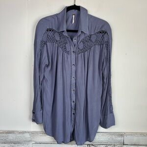 FREE PEOPLE Blue Katie Bird Crochet Boho Gauzy Shirt Top Blouse